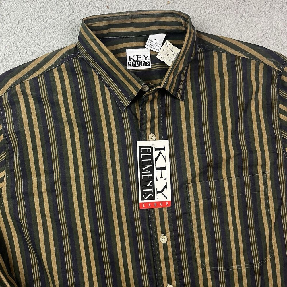 Vintage Key Elements 90's‎ Button Shirt Green Striped Long Sleeve Sz Large NOS